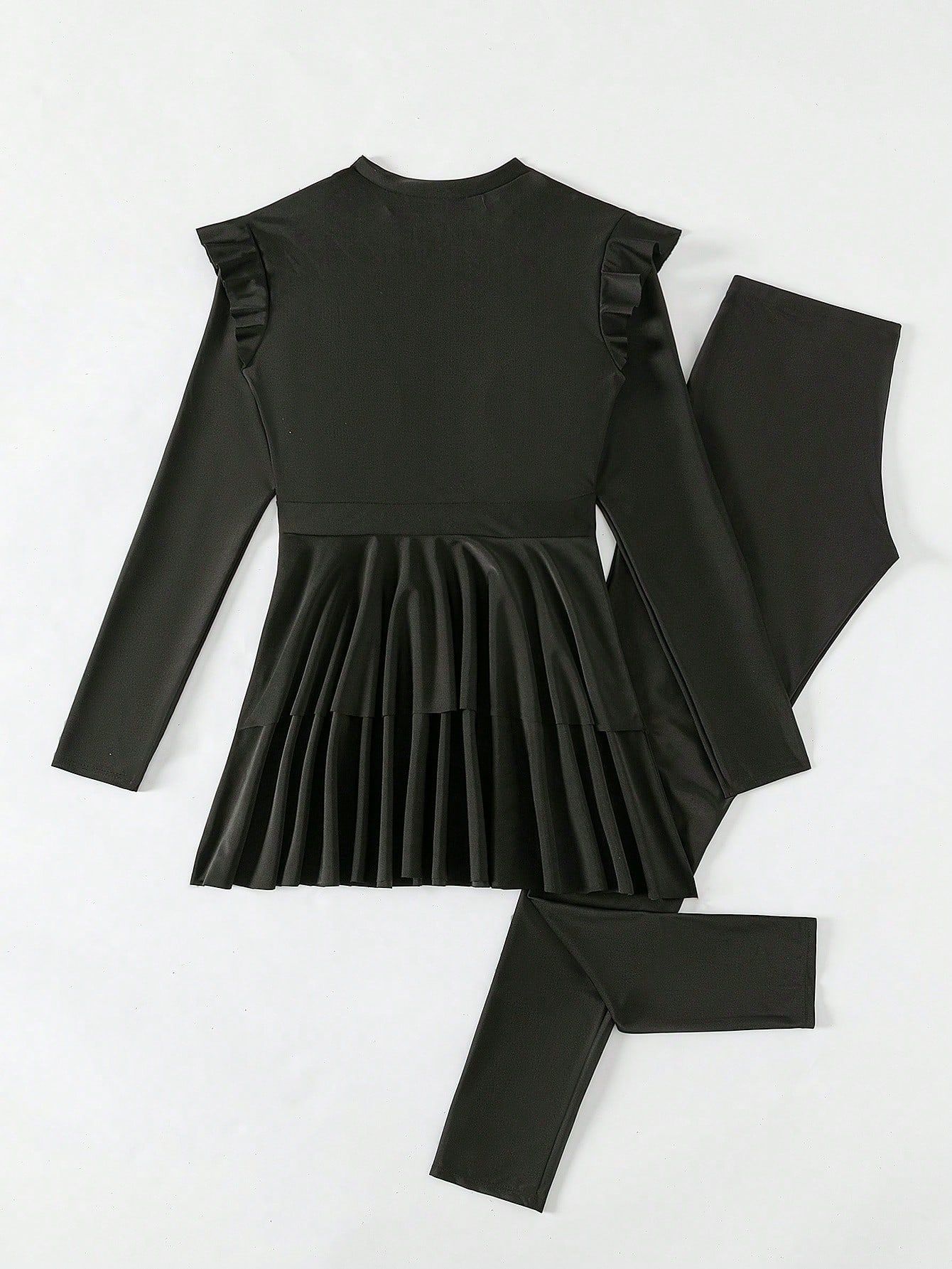 Women 2 Piece Ruffle Modest Swimsuit - Long Sleeves Conservative Bathing Suit